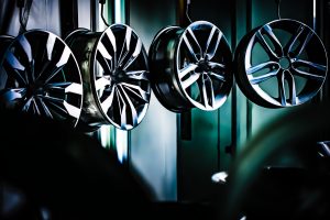 Car wheels on display