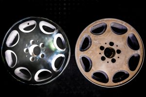 A before and after image of a wheel after refurbishment