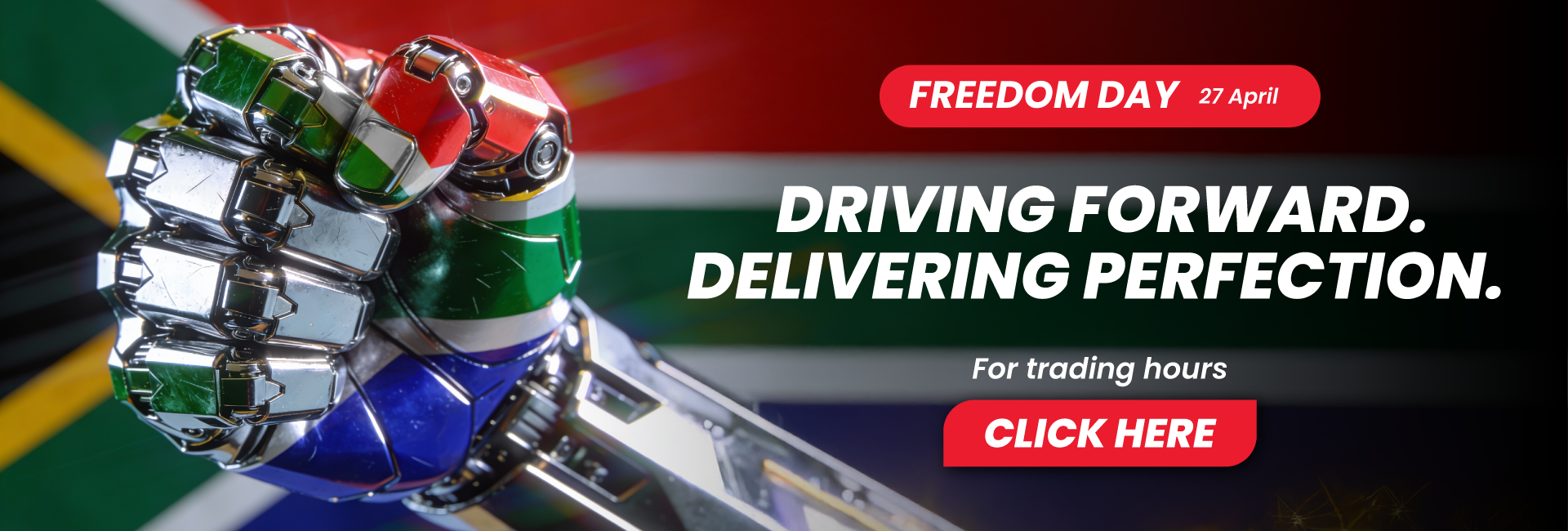 A raised metal fist with the South African flag in the background